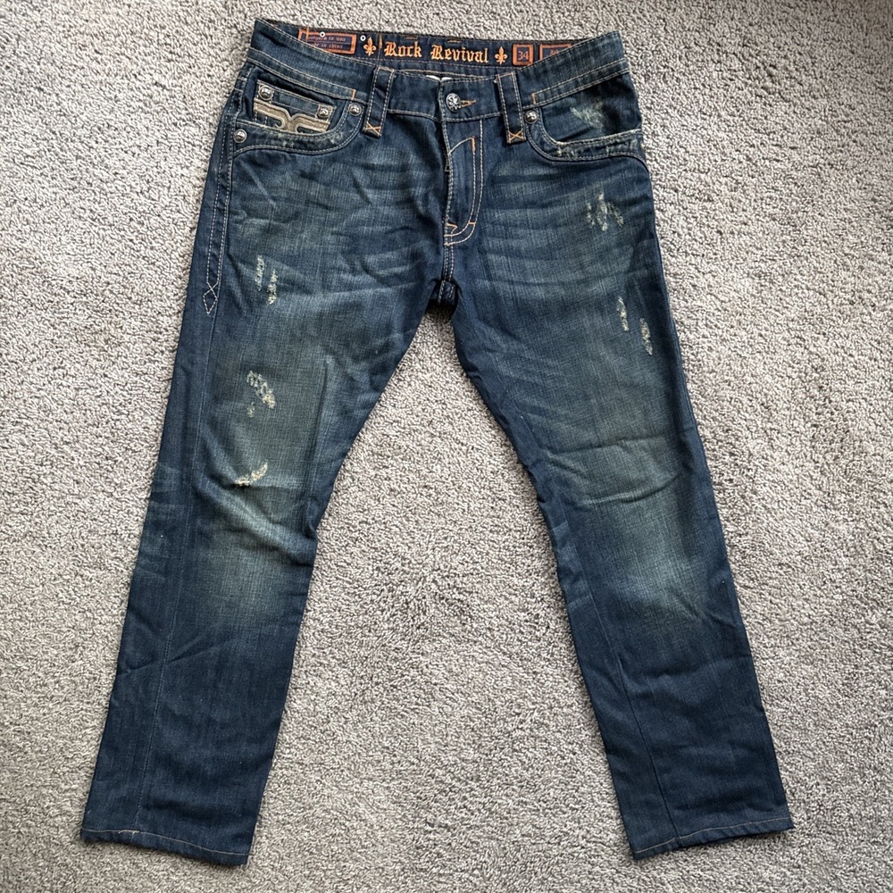 Rock Revival Men's Blue‎ Medium Wash Straight Leg Denim Jeans Regular Fit 34